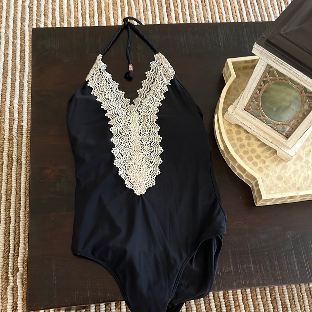 Beautiful black and cream lace swim suite from Anthropologie